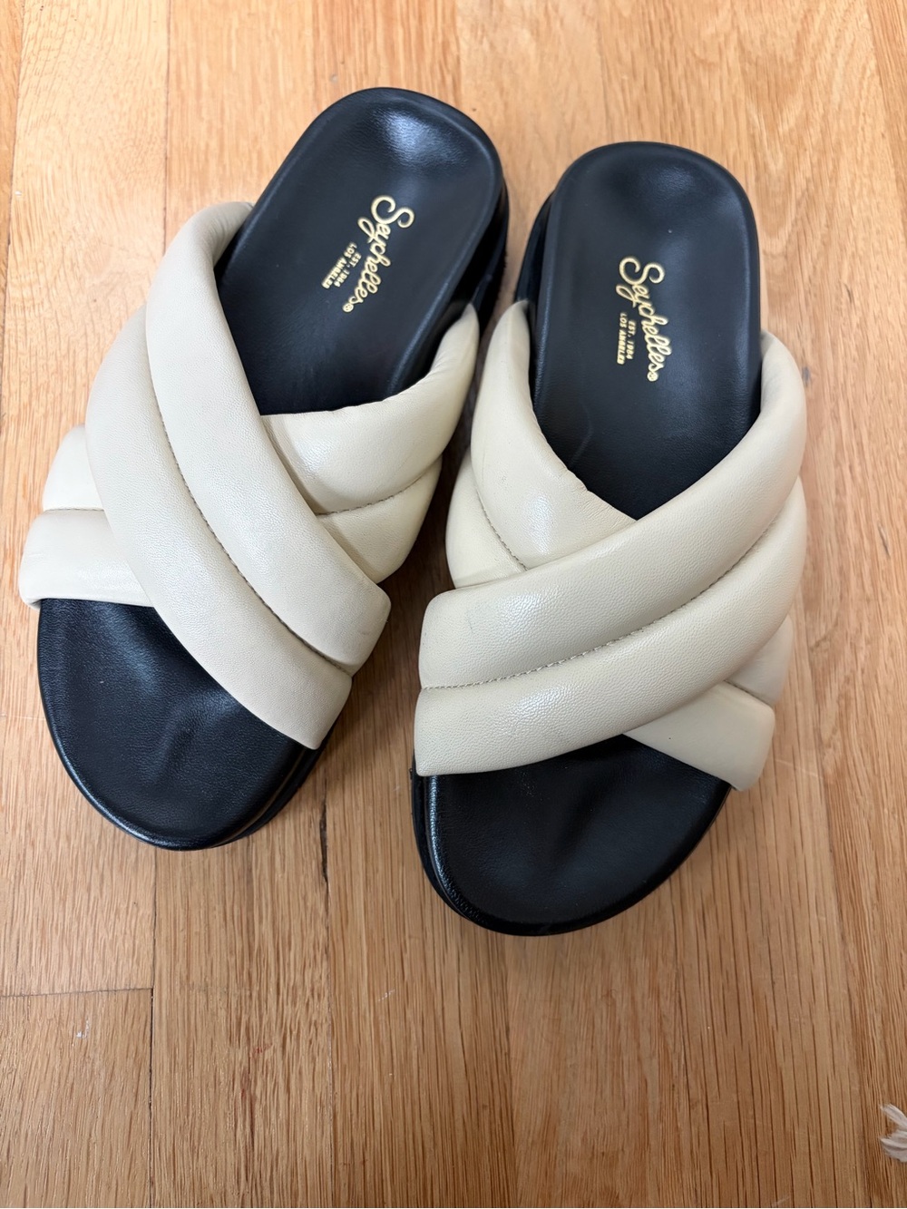Seychelles Cream Quilted Crossband Slide Sandals with Black Footbed